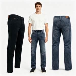 Jeans en denim tricoté chaud pour hommes, 5 poches, logo en cuir, taille élastique, coupe fuselée, pantalon de travail en denim, vente en gros - Product Image 1