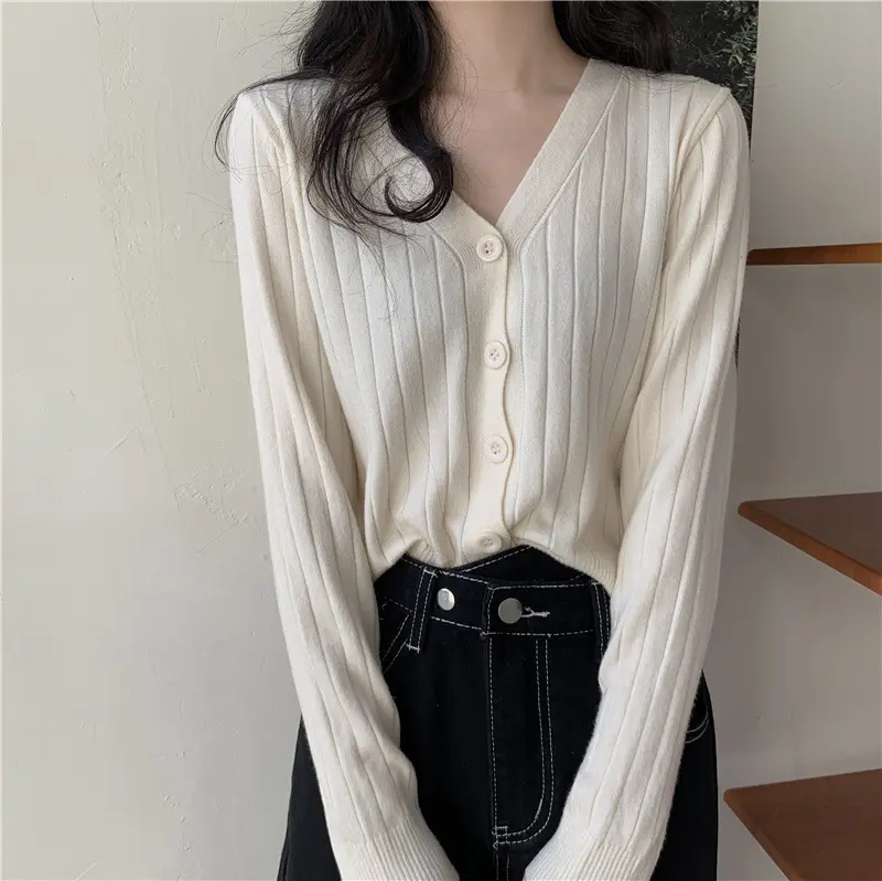 Women Knitwear Button Cardigan Knit Tops Long Sleeve Solid Color 2023 Spring Autumn Knit Slim Casual Sweater