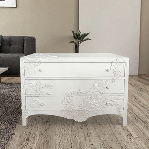 Cómoda de 3 cajones estilo francés con relieve floral, color blanco leche, hecha a mano, ecológica (Mueble de almacenamiento moderno de madera maciza estilo palacio retro para sala de estar) - Product Image 2