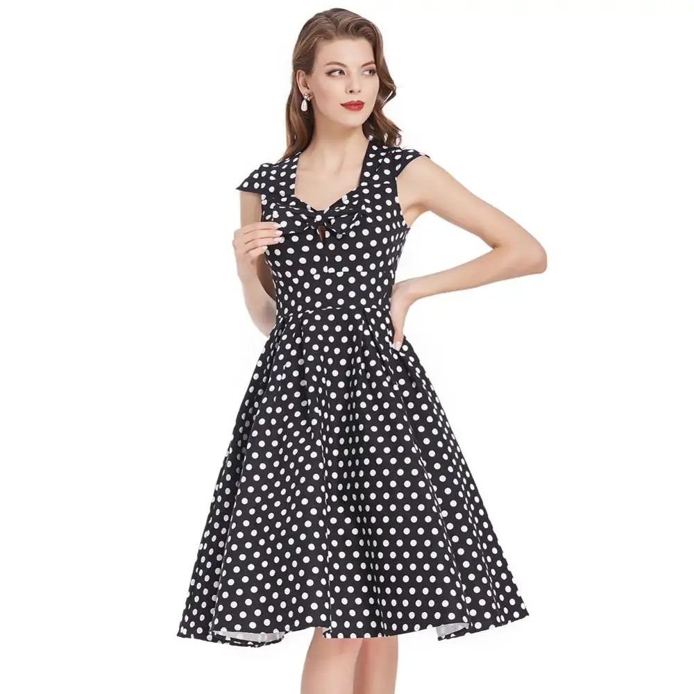 BPS02049 Damen Polka Dots Kleid Cap Sleeve V-Ausschnitt Baumwolle Ausgestellt A-Linie Retro Vintage Kleid Elegant