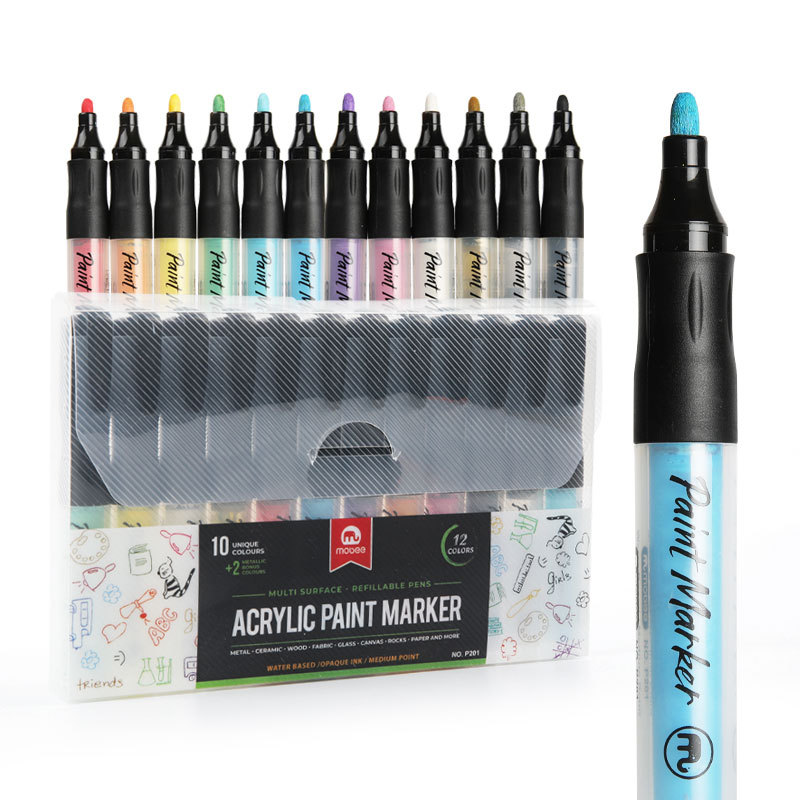 MOBEE P-201 12 Colors Acrylic Paint Marker Water-based Multiple Colors Permanent Acrylic Paint Pen Sets for Office Supplies