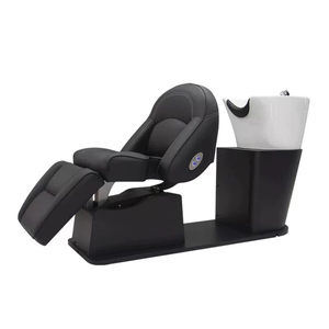 Chaise de shampooing en cuir noir élégante avec réglage électrique et bol en céramique pour salon moderne - Product Image 1