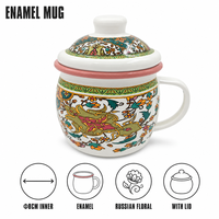 Tasse à thé émaillée Senny de 8 cm de diamètre intérieur avec couvercle, motif floral russe bombé, bord rose, vente en gros