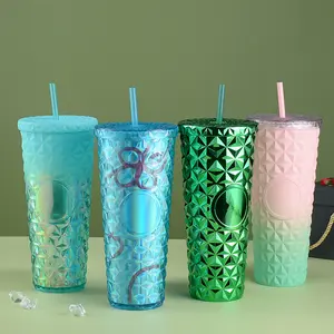 Copo de plástico com parede dupla 710ml, caneca de diamante, copo portátil de 24 onças, garrafa de água verde com palha e tampa, ideal para uso doméstico
