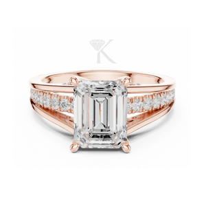 Bague de fiançailles moderne en or jaune à taille émeraude, triple anneau fendu, pavée de diamants, bague architecturale unique et élégante - Product Image 3