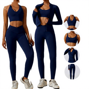 Conjunto Deportivo de 3 Piezas para Mujer, Ropa de Gimnasio y Yoga, Traje Deportivo sin Costuras de Manga Larga, Sudadera con Capucha, Conjunto de Yoga - Product Image 1