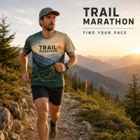 Kaos Lari Pria Cepat Kering untuk Trail Marathon, Cetak 3D Pemandangan Gunung, Lengan Pendek, Kerah O, Bahan Poliester untuk Lari di Luar Ruangan