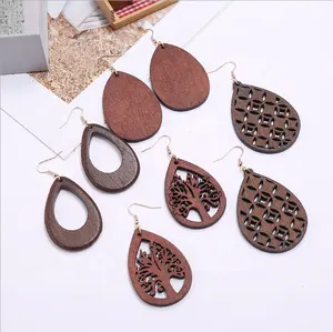 UNIQ 2021 Wood Teardrop Earrings Natural Wooden Dangle Earrings for Women Girls Aretes Artesanales