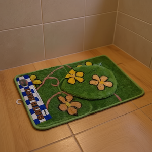 Japanese Style Three Piece Rug Set Green Floral Design For Bathroom Or Entryway - Product Image 2