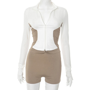 Fashion Street Color <strong>Stitching</strong> Two Piece Sets Women Zip Long Sleeve Slim <strong>Top</strong> and Kink Shorts Outfits - Product Image 5