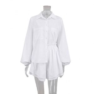Conjunto de Dos Piezas de Verano para <span class=keywords><strong>Mujer</strong></span>, Blusa de Manga Larga de Algodón y <span class=keywords><strong>Lino</strong></span>, Pantalones Cortos con Volantes, <span class=keywords><strong>Traje</strong></span> <span class=keywords><strong>Blanco</strong></span> Informal a la Moda - Product Image 5