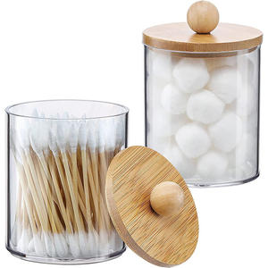 Cotton Swab <strong>Storage</strong> <strong>Box</strong> Acrylic Portable Round Container Bottle <strong>Wood</strong> Lid - Product Image 2