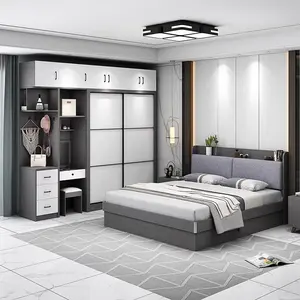 Conjunto de móveis de quarto pequeno em MDF luxuoso personalizável com camas de madeira e suíte de armazenamento duplo mais recente