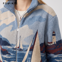 Großhandel Segel-Print Polar Fleece Jacke Damen Winter Warme Sherpa Flauschige Jacke Streetwear Stehkragen Reißverschluss Oberbekleidung