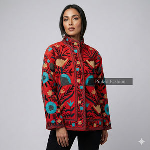 Chaqueta Suzani de Terciopelo Hecha a Mano |   Abrigo Bohemio para Mujer Otoño/Invierno |   Textil Indio Ecológico Bordado a Mano, Estilo Regular - Product Image 4