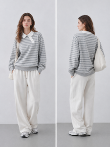 Sweat-shirt <span class=keywords><strong>polo</strong></span> rayé pour femme, manches longues, <span class=keywords><strong>col</strong></span> contrastant, coupe décontractée, fabrication sur mesure, marque privée, OEM, ODM - Product Image 3
