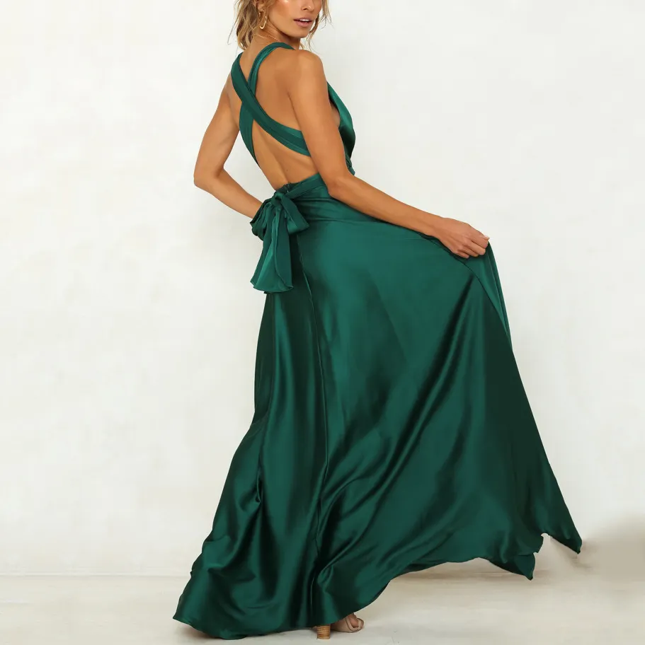 Sexy elegante moda Maxi abito da sera Backless abito lungo da donna 2023 vendita calda nuovo colore solido profondo scollo a v Slim Party