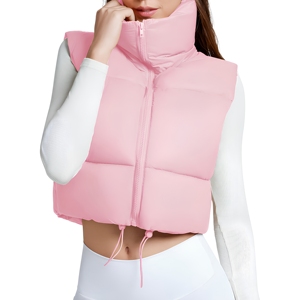 Chaleco Acolchado Rosa para Mujer con Cuello Alto y Cierre de Cremallera, Prenda Exterior Informal sin Mangas, Color Sólido, Ligero y Resistente al Viento - Product Image 1