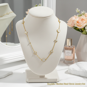 Set di Gioielli in Acciaio al Titanio con Collana e Bracciale a Quadrifoglio, Impermeabile, Placcato Oro 18K con Zirconi CZ - Product Image 3