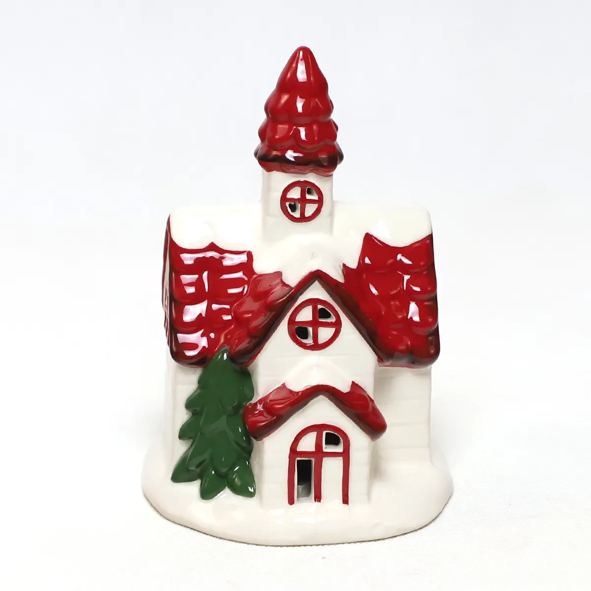 Christmas Style Red&White Ceramic Snow House shaped Gifts For Home Decoration Glowing Led Tea Light Accept Custom