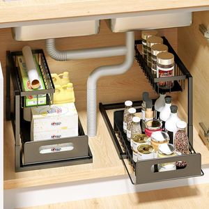 <b>Kitchen</b> 2-Tier Metal Under Sink Spice Rack Organizer with Standing Installation Non-Foldable Design - Product Image 1