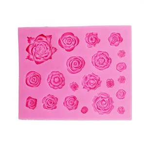 Molde de silicone para fondant de flores rosa, top de cupcake em forma de 21 cavidades, forma de bolo, decoração artesanal de chocolate