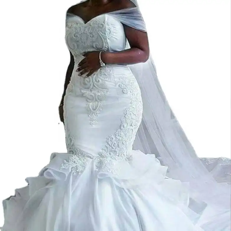 2024 Customize Nigeria African women Plus size boat neck mermaid fish tail wedding dress Bridal Gowns