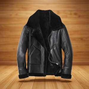 Men's Casual Genuine Leather <b>Jacket</b> with Patchwork Embroidery Fur Integrated Lapel Large Pockets Sherpa Lining Shearling Detail - Product Image 3