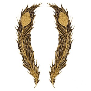 Aplique Termocolante de Pena de Pavão para Fantasia DIY, Adesivo de Tecido Bordado para Saia, Motivo Têxtil Dourado e Preto - Product Image 2