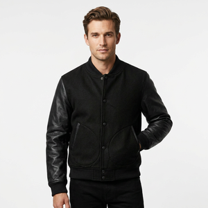 Men'<b>s</b> Customized Colors Varsity <b>Jacket</b> Woolen Body Leather Sleeves Stand Collar Button Front Casual Winter Vintage Patchwork - Product Image 1