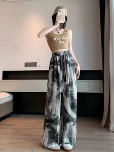 2024 été nouvellement chinois monochromes femmes pantalons à jambes larges pour plage décontracté élastique taille haute ample confortable <span class=keywords><strong>pantalon</strong></span> fluide - Product Image 3