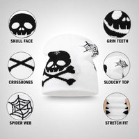 Bonnet Halloween en tricot jacquard à motif Tête de mort et os croisés, style décontracté, toile d'araignée, blanc et noir, style gothique urbain, unisexe, extensible