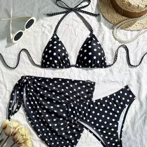 Polka Dot Digital Printing Knitted 120g Casual 2-Piece Halter <b>Triangle</b> <b>Bikini</b> <b>Set</b> Removable Padded Swimwear Beach Cover Skirt - Product Image 2