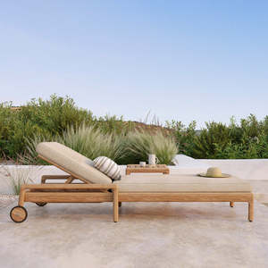 Chaise longue de plage en bois de luxe pour l'extérieur avec dossier réglable, coussin et roulettes pour villa, parc, hôtel, plage, <span class=keywords><strong>piscine</strong></span> - Product Image 3