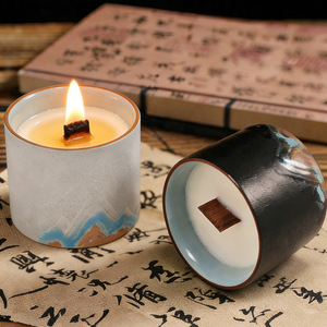 Retro Ink Wash Mountain Ceramic Cup <b>Candle</b> Wooden <b>Crackle</b> Wick Mild Fragrance Study Cozy Vintage Home Decor Ornament - Product Image 2