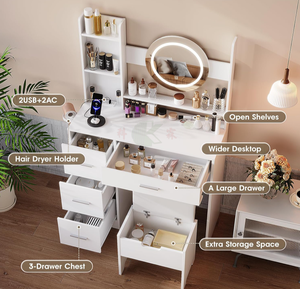 Toeletta Bianca con Illuminazione LED Regolabile, 4 Grandi Cassetti, Presa di Corrente, Tavolo e Sedia <span class=keywords><strong>per</strong></span> Trucco <span class=keywords><strong>per</strong></span> Ragazze - Product Image 3
