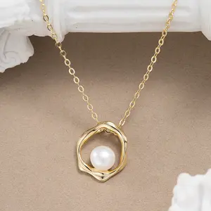 GPN44 6mm Freshwater Cultured Pearl Irregular Circles Pendant Necklace for Women 925 Sterling Silver Glod Plated Costume Jewelry