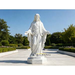Escultura Religiosa Personalizada de Tamaño Real, Virgen María y Jesús de Mármol Natural con Palmas Unidas, en Posición de Pie - Product Image 1