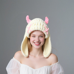 Cache-oreilles tricotés à la main, mignons, avec grandes oreilles de lapin et cornes de diable, chauds, pour festival, fête, unisexe, adulte, style écolière - Product Image 3