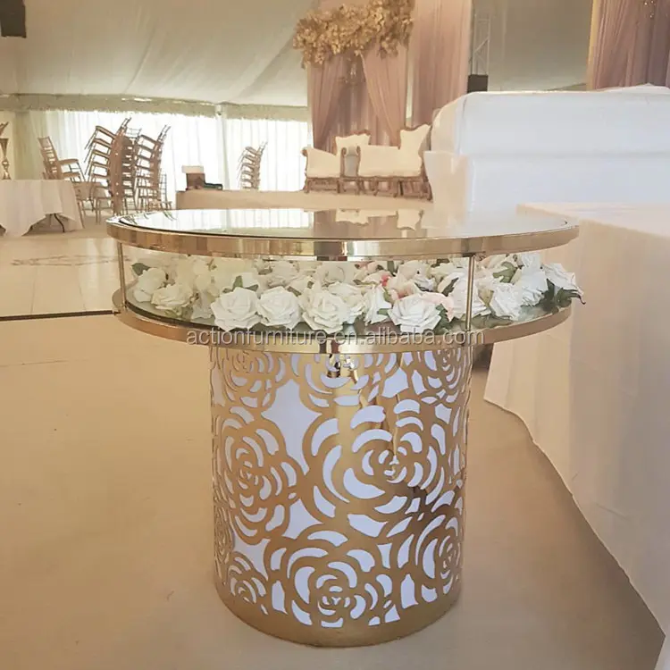 Base cilíndrica de aço inoxidável personalizada minimalista, base com vidro superior, mesa de casamento para venda