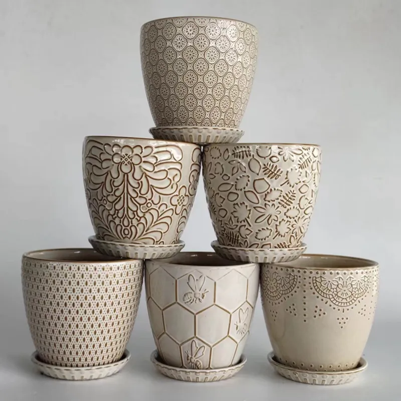 Forniture da giardino per la casa all'ingrosso vasi in ceramica con motivo intagliato a mano, vaso da fiori in ceramica con combinazione di Set grigio rotondo con vassoio