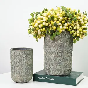 Luxury antique pattern design roman vintage decorative cement round vases home decor cylinder flower vase