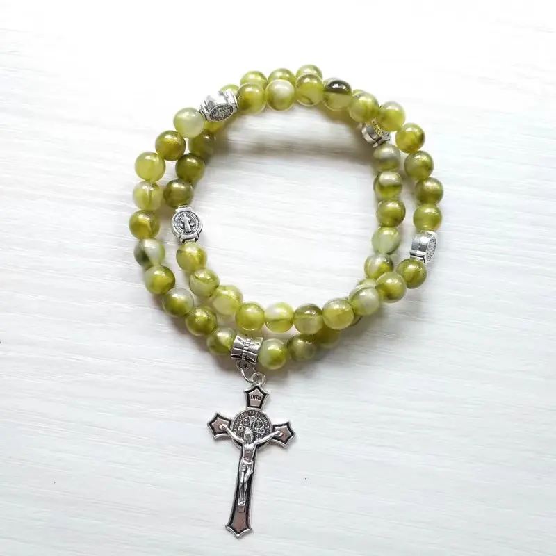 Natural green Stone st benedict medal wrap Bracelet For Prayer