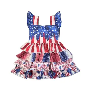 Vestido infantil com manga voadora para o Dia da Independência RTS, vestido de quatro camadas para meninas, roupas novas boutique para crianças, atacado