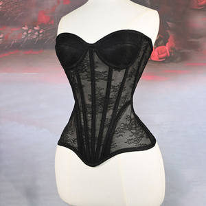 Corsetto Sopraseno <span class=keywords><strong>Sexy</strong></span> in Pizzo Floreale con Stecche in Acciaio e Scollo a V, Bustier Velato da Donna in Tinta Unita per Feste - Product Image 6