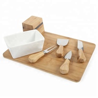 Milieuvriendelijk Bamboe Kaasplankje Met Keramische Schotel En Set Van 4 Eco-Glazen Houtmessen Voor Het Serveren Van Fruitbroodgroenten