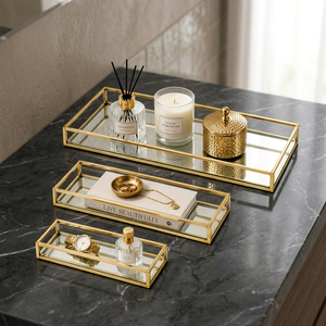 Gold Plated Glass Rectangular Decorative Trays Set Contemporary Home Decor Storage Organizers <b>Mirror</b> Surface Multi Piece Package - Product Image 1