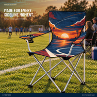 Chaise pliante portable robuste avec accoudoirs, porte-gobelet et motif logo personnalisé pour les sorties en plein air et les moments de détente au coucher du soleil