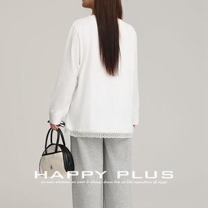 Happy Plus Lace Patchwork Loose <b>Long</b> Sleeve <b>T</b>-<b>Shirt</b> Women Plus Size Cartoon Print White <b>Black</b> Solid Color N9102 - Product Image 4