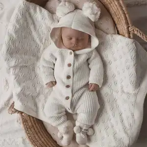 2024 Custom Toddler Newborn Spring Striped Rabbit Long Sleeve Organic Cotton Baby Knit Romper